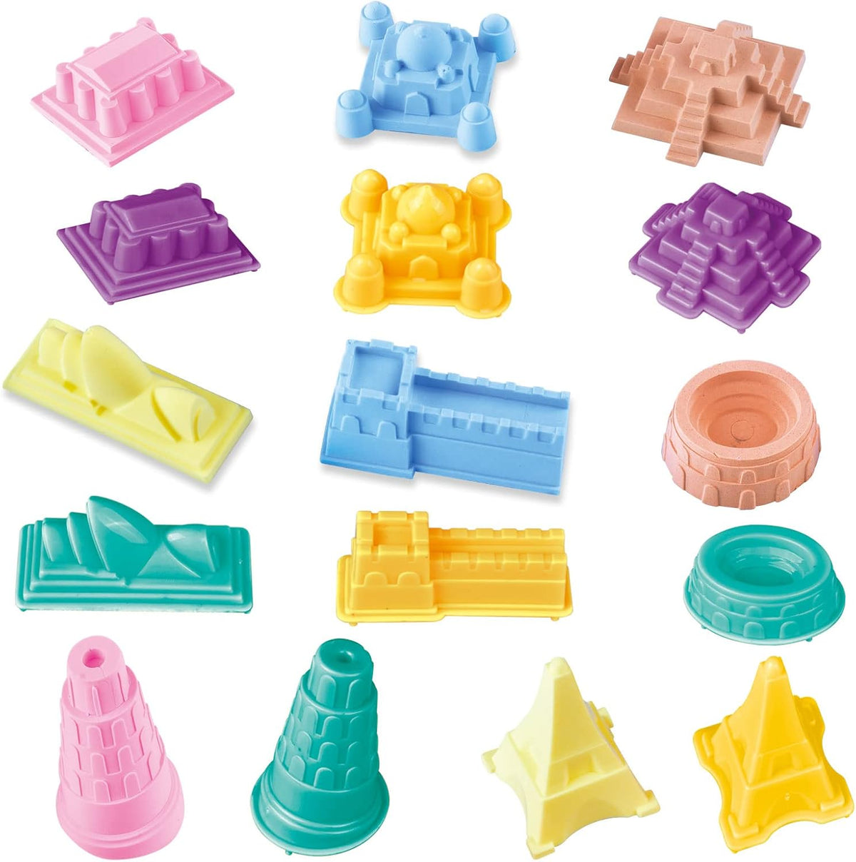 Fourteen colorful plastic molds shaped like world landmarks