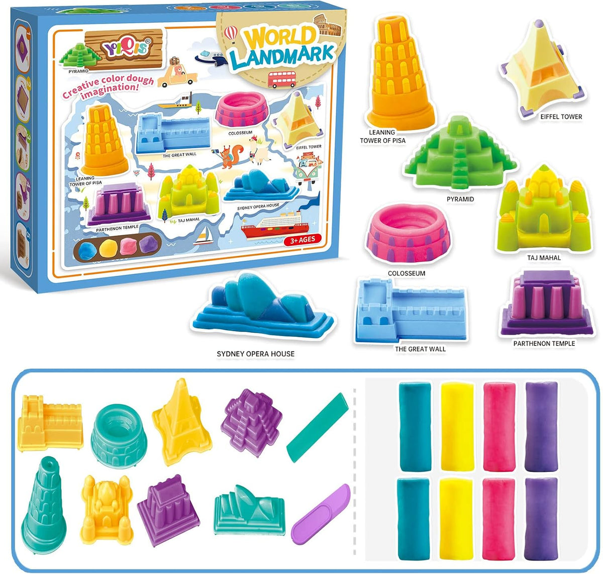World landmark toy set with dough molds, landmark shapes, and colored dough sticks