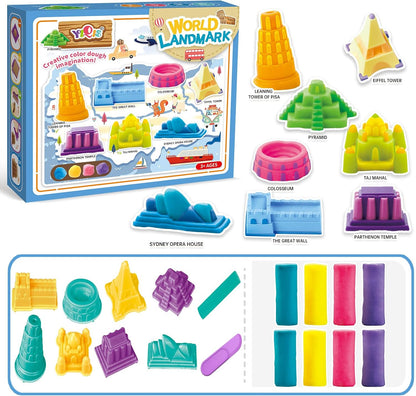 World landmark toy set with dough molds, landmark shapes, and colored dough sticks