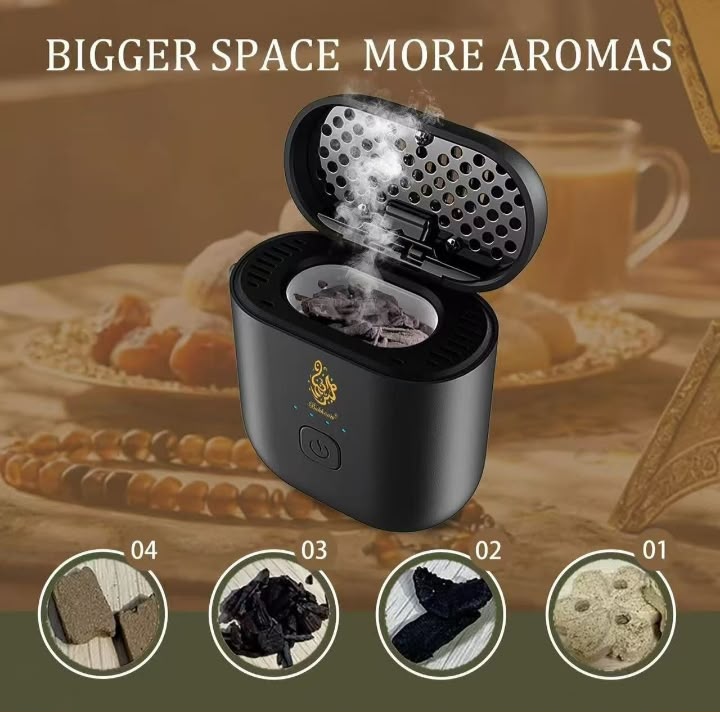 Portable electric bakhoor burner with open perforated lid and incense burning inside