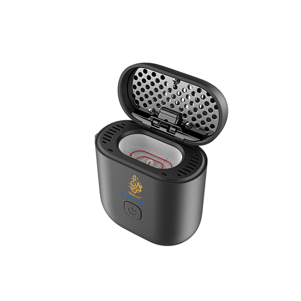 Portable electric bakhoor burner with open lid, metal heating tray, and power button