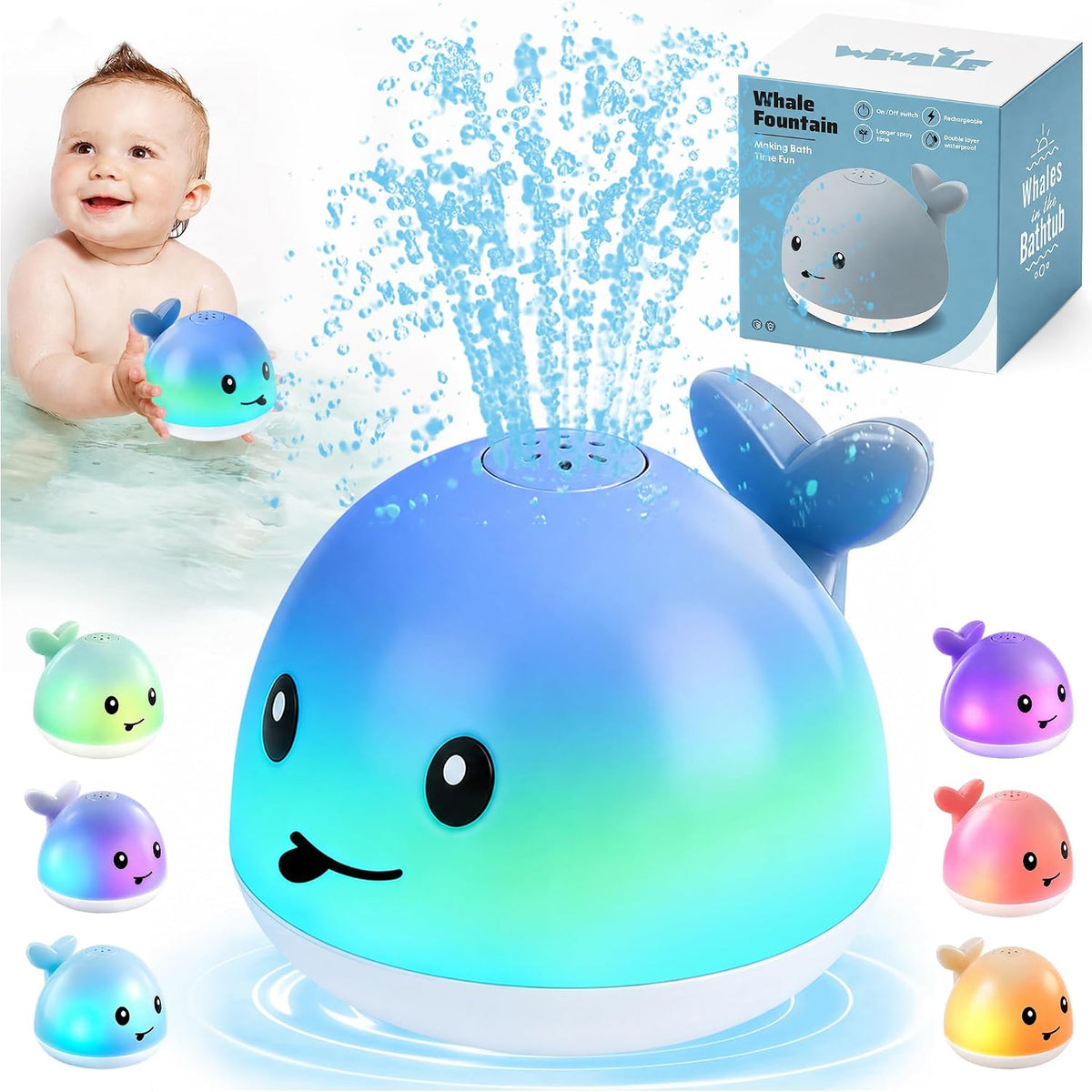 Whale fountain bath toy with a blue-green body, spraying water and colorful mini whale toys