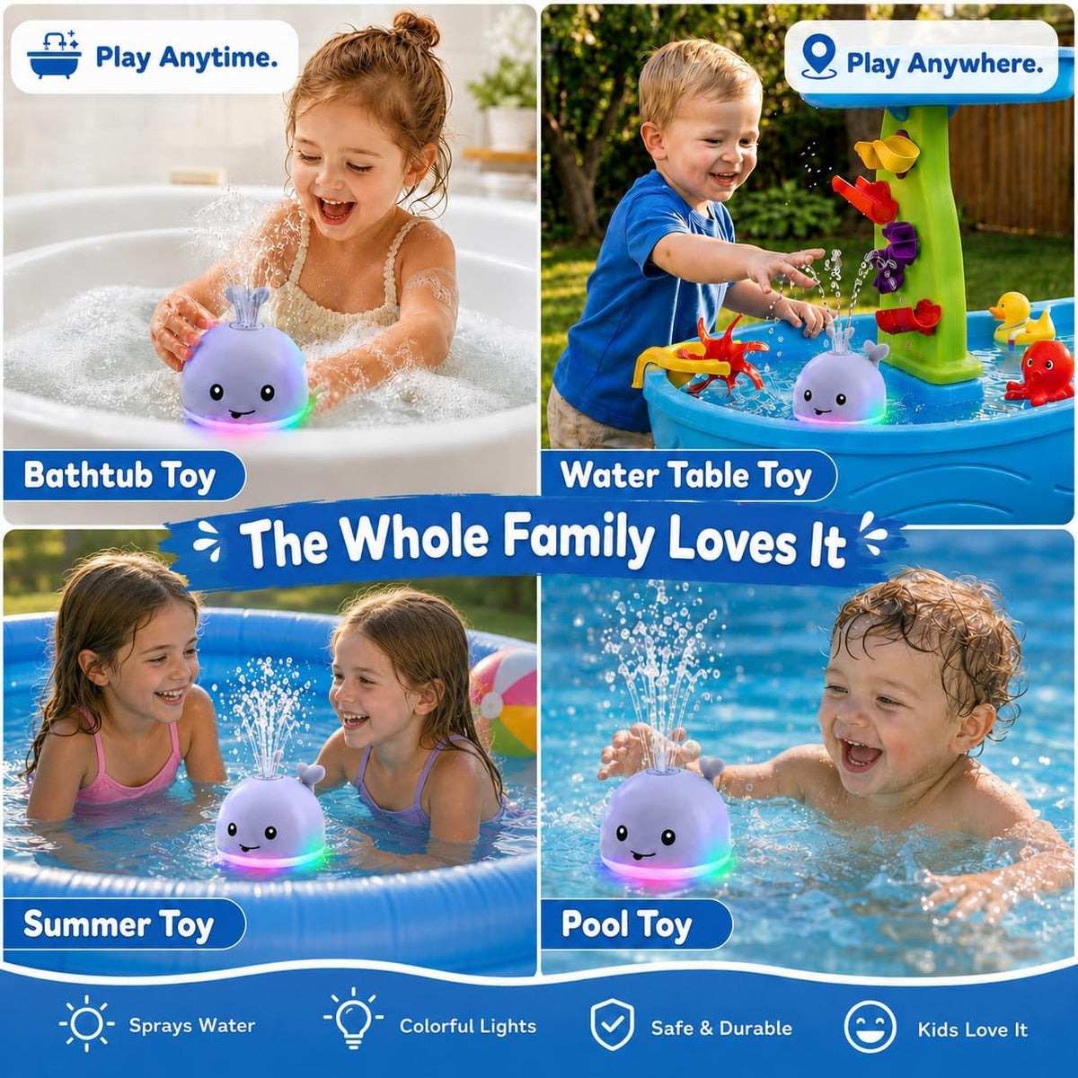 Whale fountain bath toy spraying water, shown in a bathtub, pool, and water table