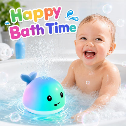 Whale fountain bath toy spraying water beside a baby in a bathtub