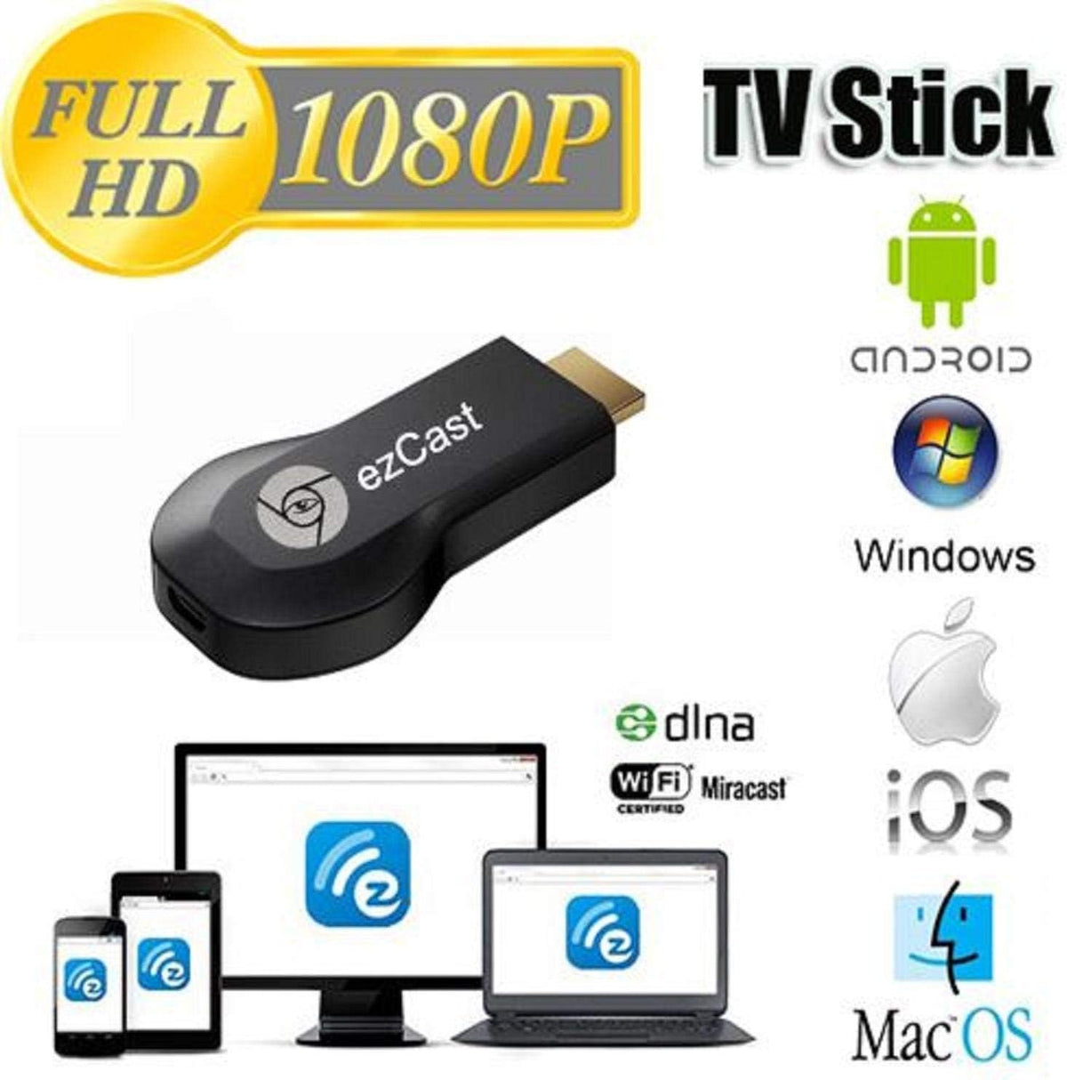 Wireless HDMI TV stick with device compatibility icons and screen illustrations