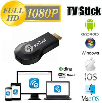 Wireless HDMI TV stick with device compatibility icons and screen illustrations