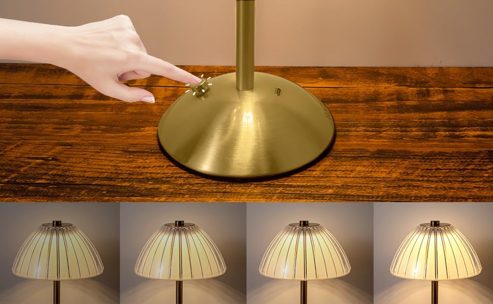 Cordless diamond table lamp with touch control; four light settings shown
