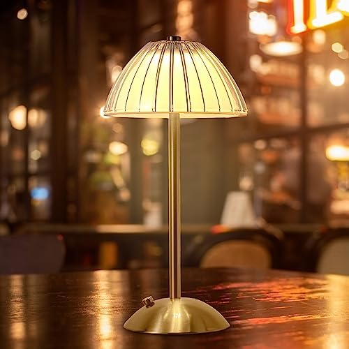 Cordless diamond table lamp with ribbed acrylic shade, slender stem and touch control base