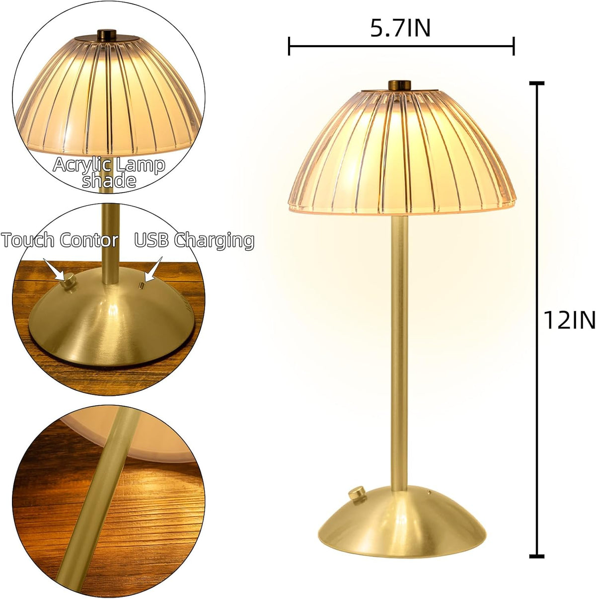 Cordless diamond table lamp, 12 inches tall, with acrylic shade, touch control and USB charging