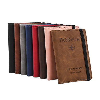 Leather passport card covers in assorted colors, with an elastic closure and passport embossing.