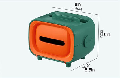 Green and orange retro TV tissue box with a top storage tray and side knob.