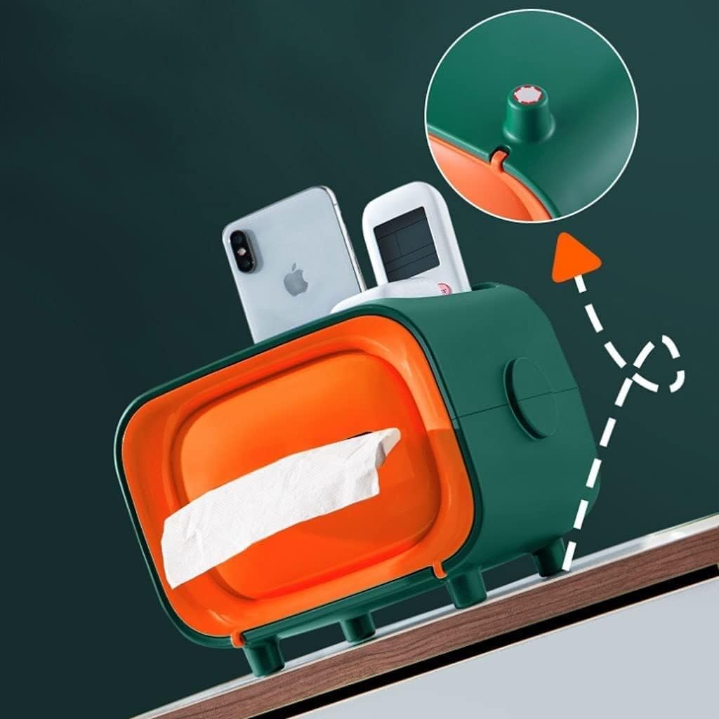 Retro TV tissue box with tissues dispensing, a top phone holder, and a side knob.