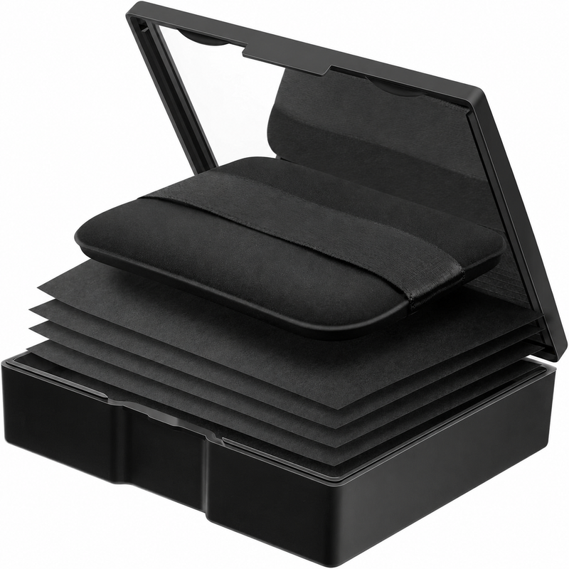 Black makeup blotting paper compact with mirror, powder puff, and stacked sheets