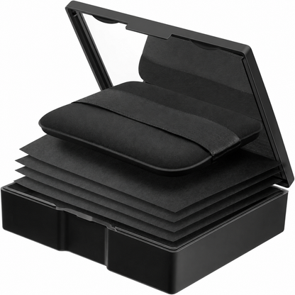 Black makeup blotting paper compact with mirror, powder puff, and stacked sheets