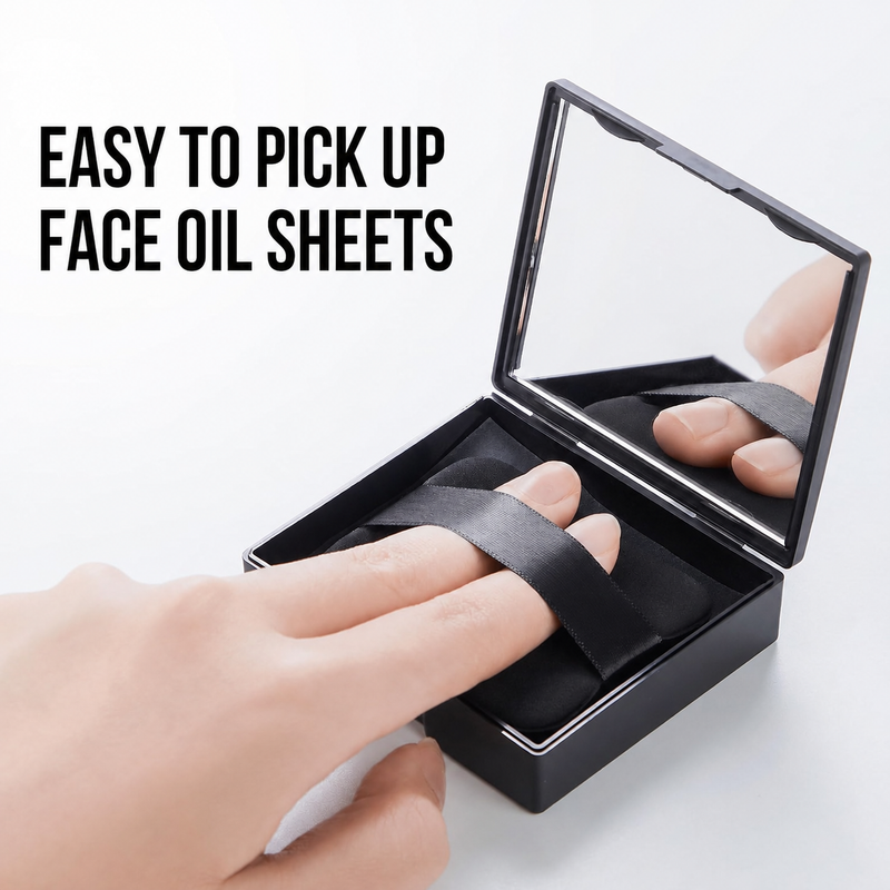 Black makeup blotting compact with mirror and strap-secured puff