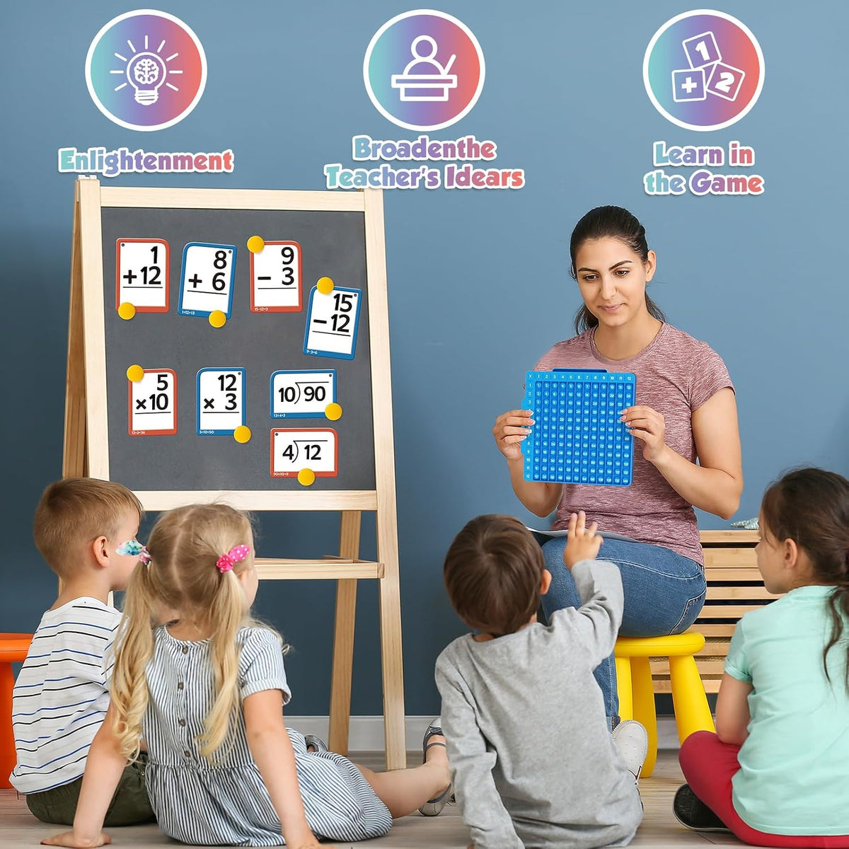 Math fidget board and flash cards shown during a classroom activity.