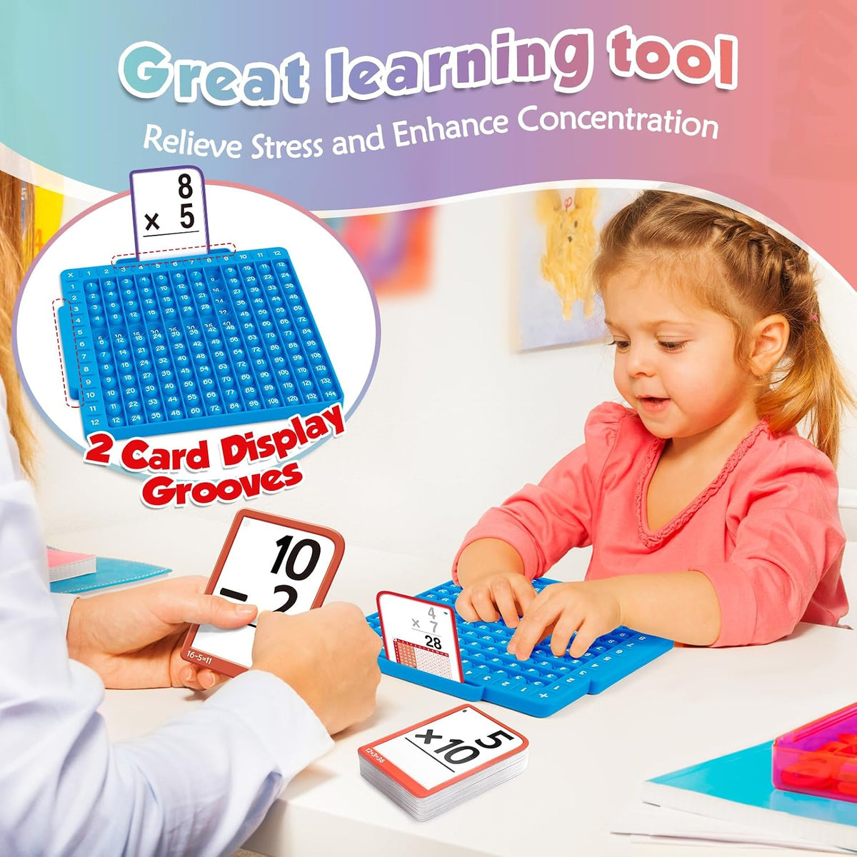 Blue math fidget board with display grooves and equation cards for practice.
