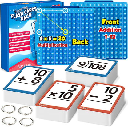 Math fidget board, equation flash cards, storage box, and metal rings.