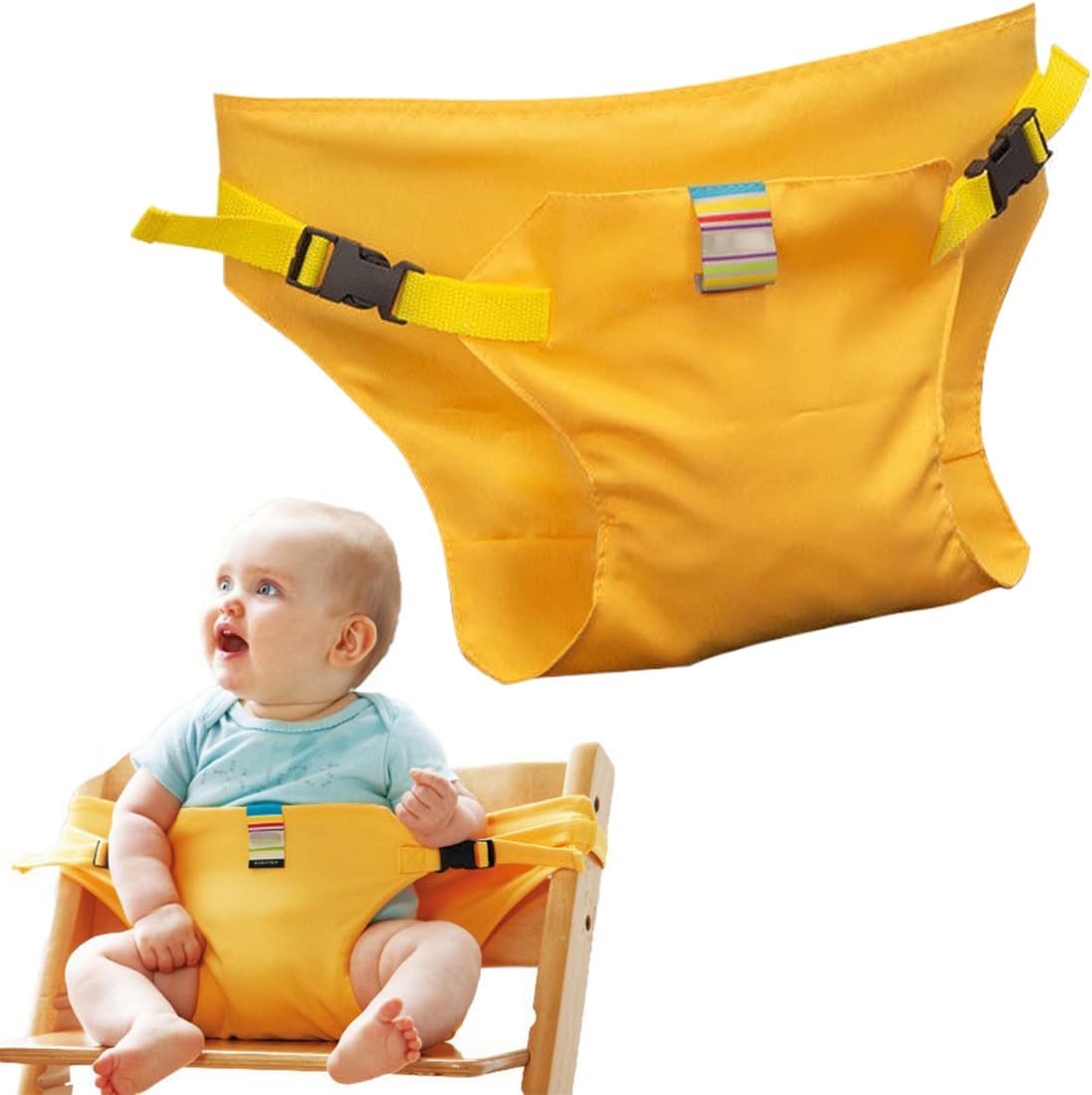 Yellow baby seat belt with adjustable side straps and black buckles, shown fitted to a high chair.
