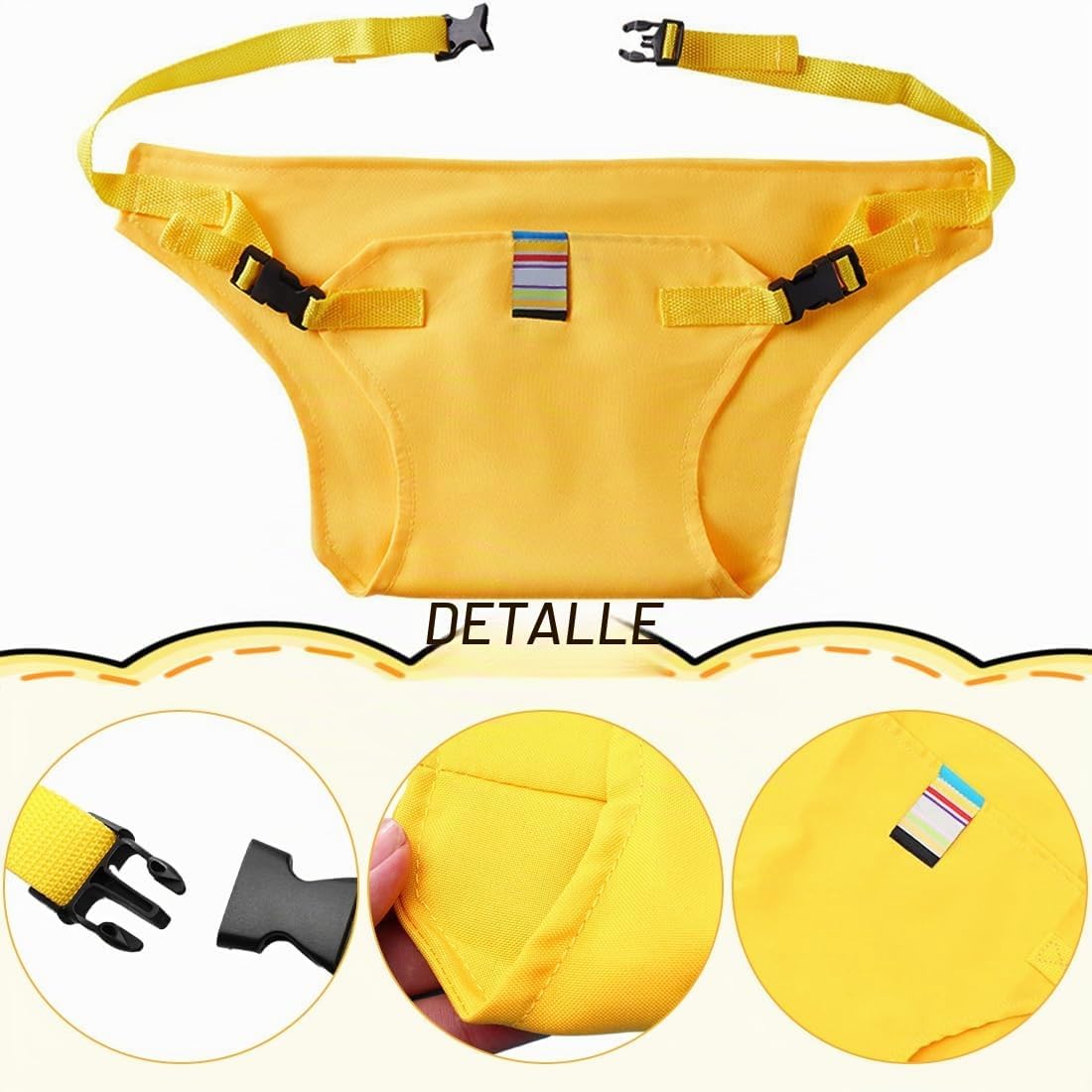 Yellow baby seat belt with adjustable straps, buckles and a striped center label; detail views show stitching.