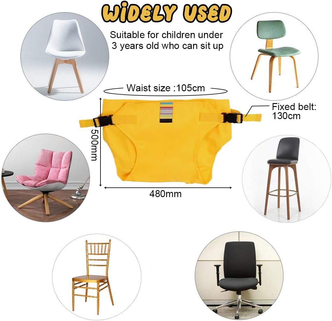 Yellow baby seat belt with adjustable straps; diagram shows 105 cm waist and 130 cm belt lengths.