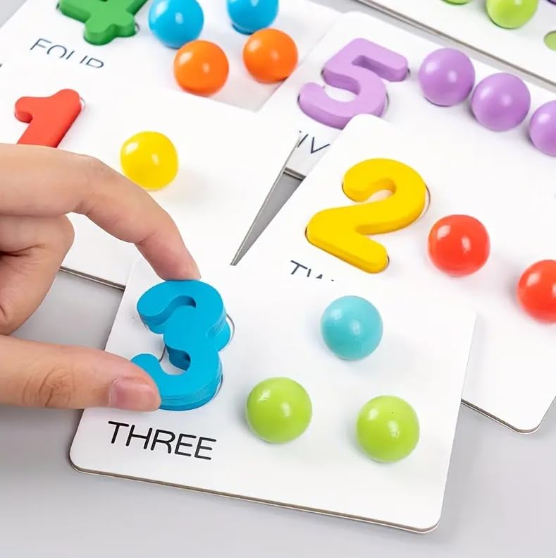 Number learning cards with raised numeral pieces and matching colorful counters