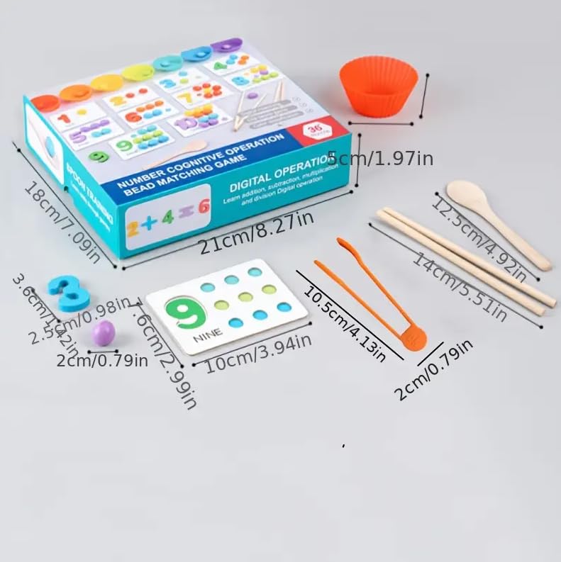 Wooden math teaching set with numbered cards, counters, bowls, tweezers and utensils