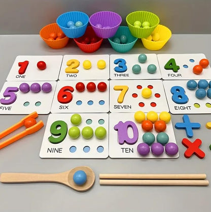 Number cards with counters, colorful sorting bowls, tweezers and wooden utensils
