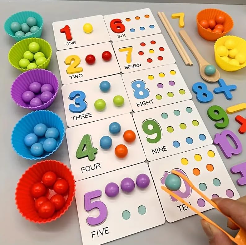 Number learning cards with counters, sorting bowls and tweezers for counting practice