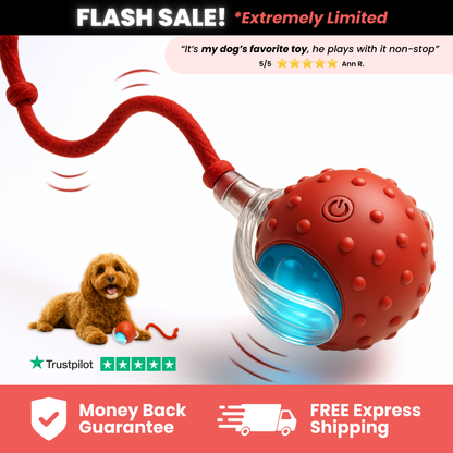 Red electric cat rolling ball toy with textured shell, glowing blue light, and red rope tail