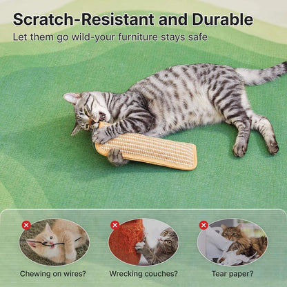 Cat clawing a woven sisal chew mat with tan edging