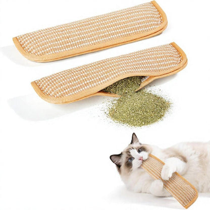 Two woven sisal cat chew mats, one opened with catnip inside
