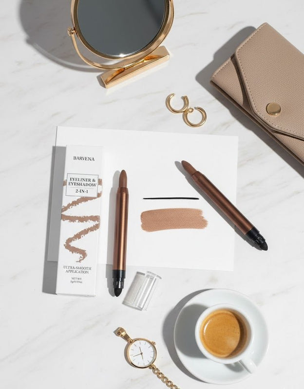 Barvena 2-in-1 eyeliner and eyeshadow stick in bronze-brown, shown with packaging and color swatches
