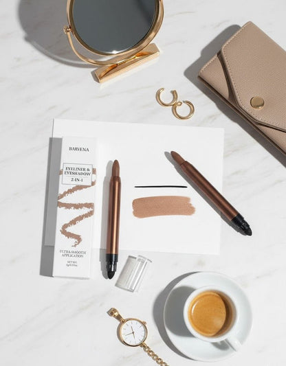 Barvena 2-in-1 eyeliner and eyeshadow stick in bronze-brown, shown with packaging and color swatches
