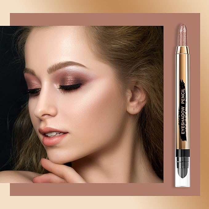 Barvena 2-in-1 eyeshadow stick beside a model wearing shimmery rose-brown eye makeup