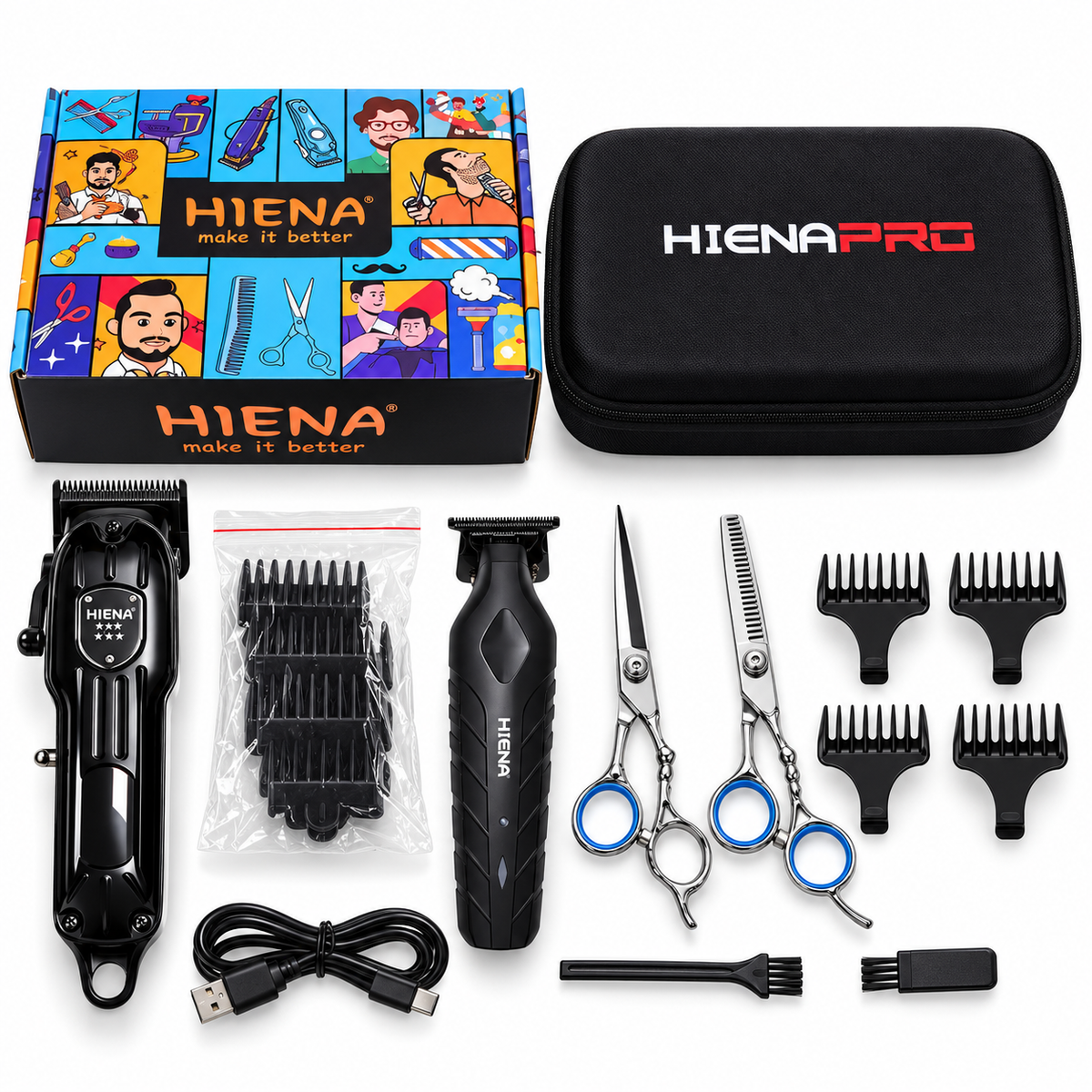 Hiena hair clipper kit with clippers, scissors, guide combs, cleaning tools, cable, box, and case