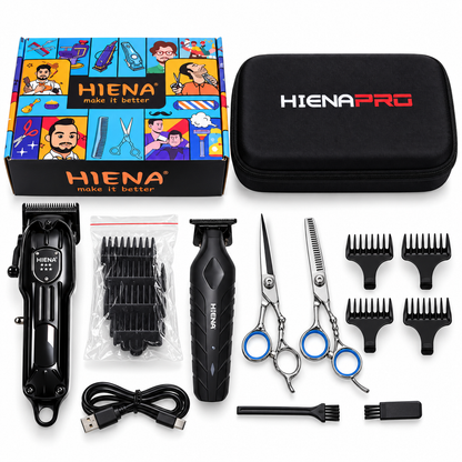 Hiena hair clipper kit with clippers, scissors, guide combs, cleaning tools, cable, box, and case