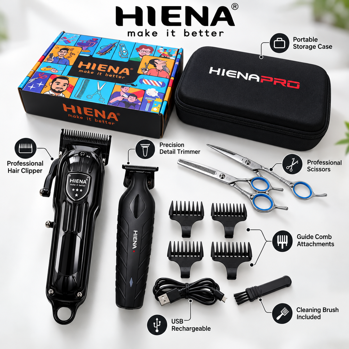 Hiena grooming kit with hair clipper, precision trimmer, scissors, comb attachments, cable, brush, and case