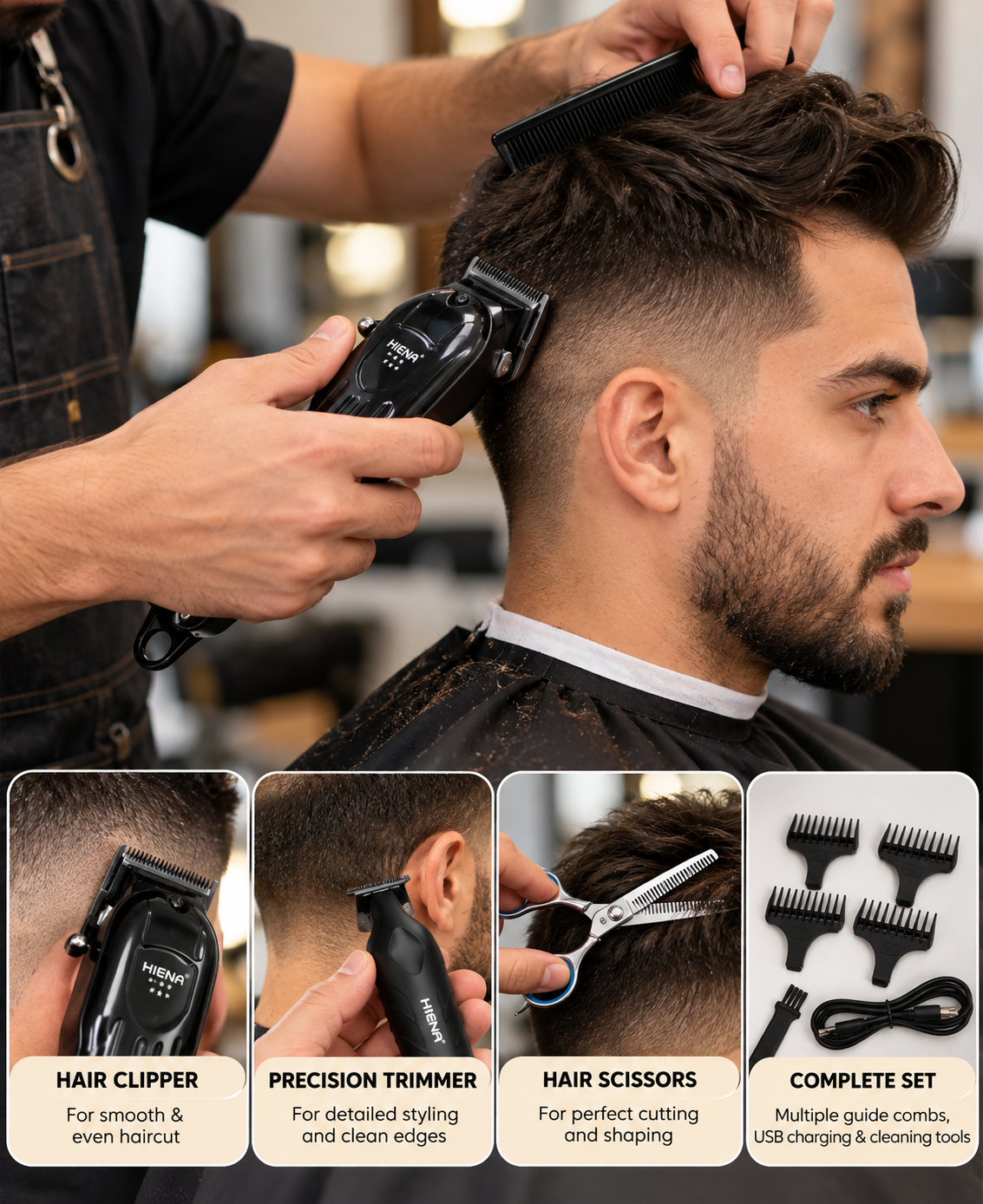 Hiena clipper trimming a man's hair, with detail trimmer, scissors, comb guides, and accessories shown below