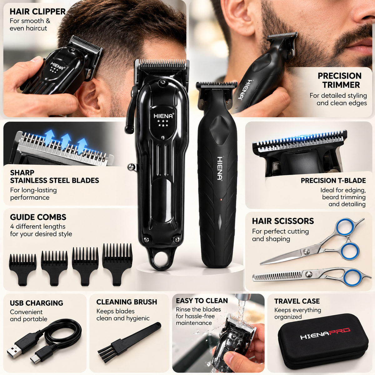 Hiena clipper and precision trimmer set with blade, comb, scissors, charging cable, cleaning brush, and travel case