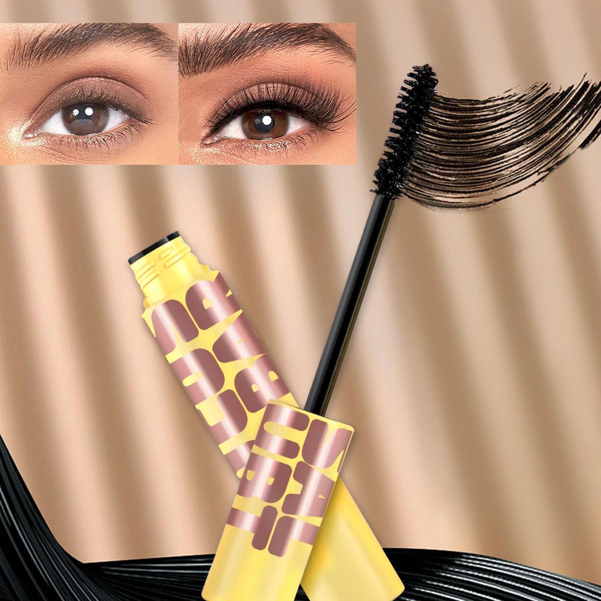 Black mascara with a gold tube and curved wand beside before-and-after eye close-ups.