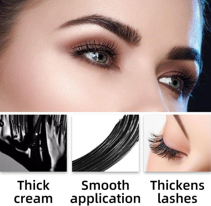 Black mascara shown on lashes, with close-ups of its creamy formula and smooth application.