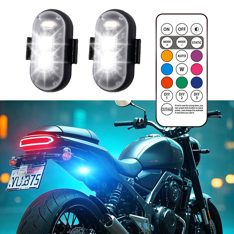 Two wireless LED strobe lights with remote control and motorcycle mounting example