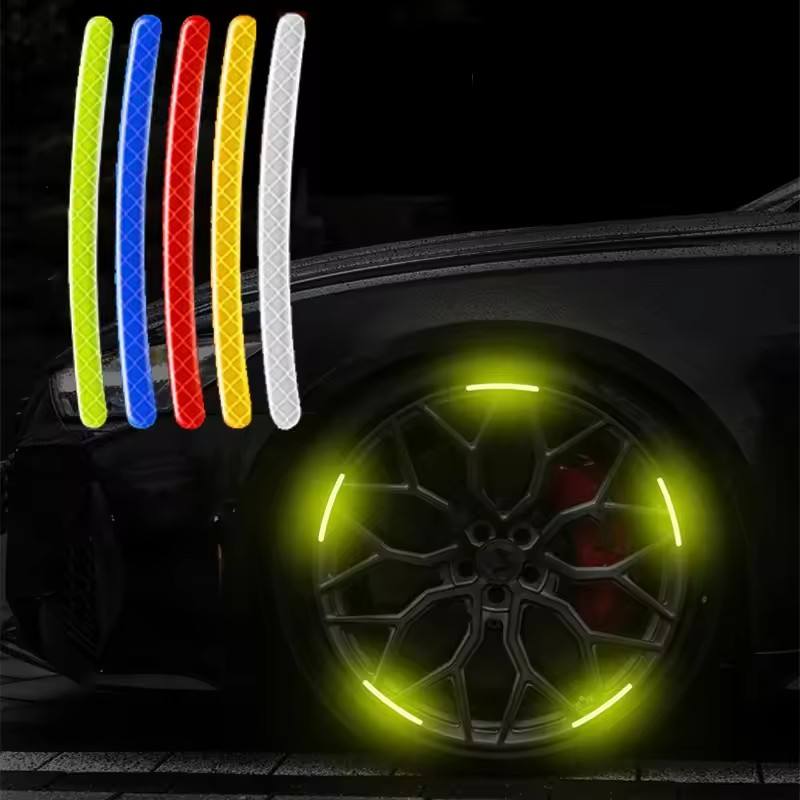 Car tire reflective stickers in fluorescent yellow, blue, red, orange, and white.