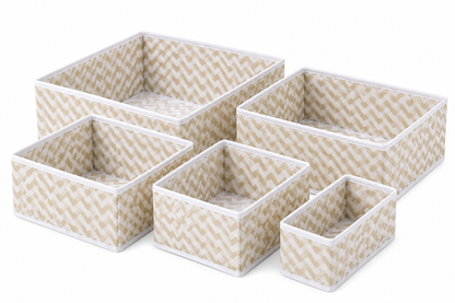 Set of six fabric drawer organizers in varied sizes, with a beige and white chevron pattern.