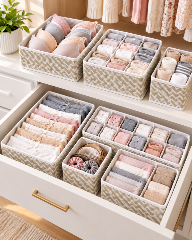 Fabric drawer organizers holding folded clothing and accessories in a dresser.