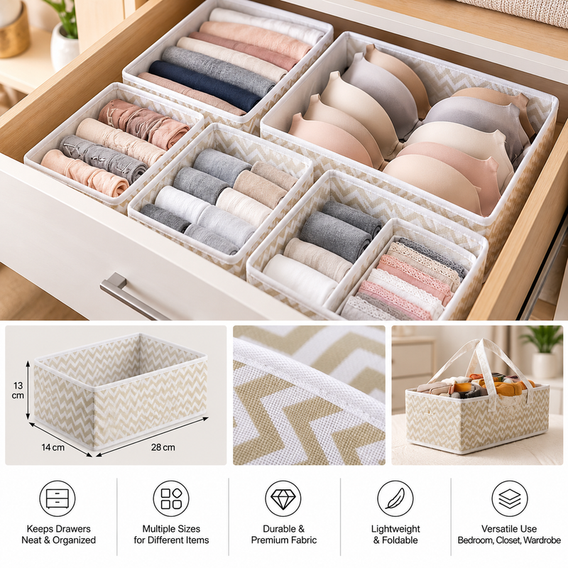 Drawer organizer set shown with clothing, size diagram, fabric detail, and carry handles.