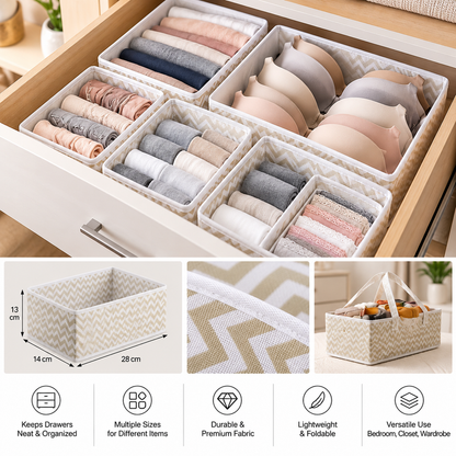 Drawer organizer set shown with clothing, size diagram, fabric detail, and carry handles.