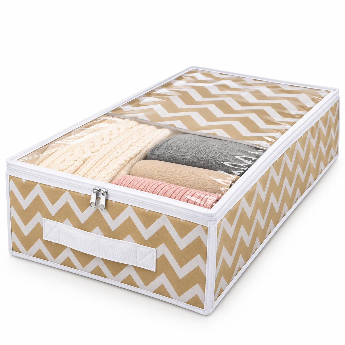 Fabric drawer organizer with tan chevron pattern, clear zippered top, and front handle