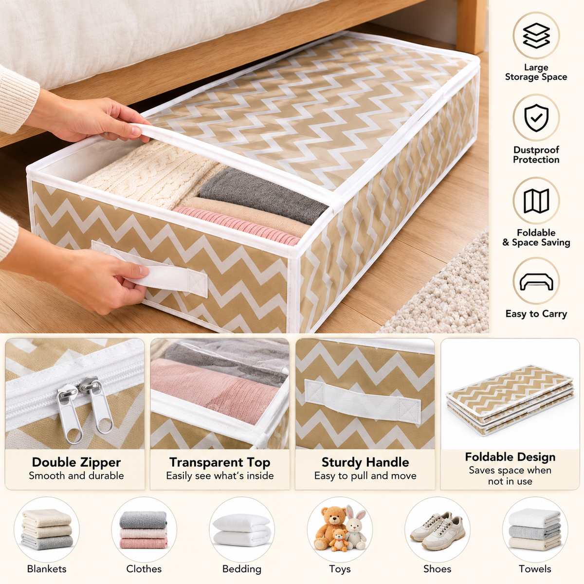 Chevron fabric drawer organizer with clear top, double zippers, carry handle, and foldable design